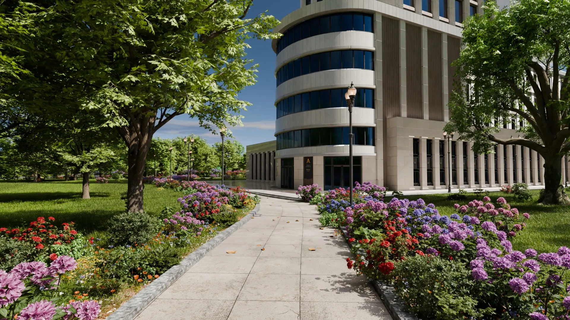 A curved glass frontage behind massed hydrangeas.
