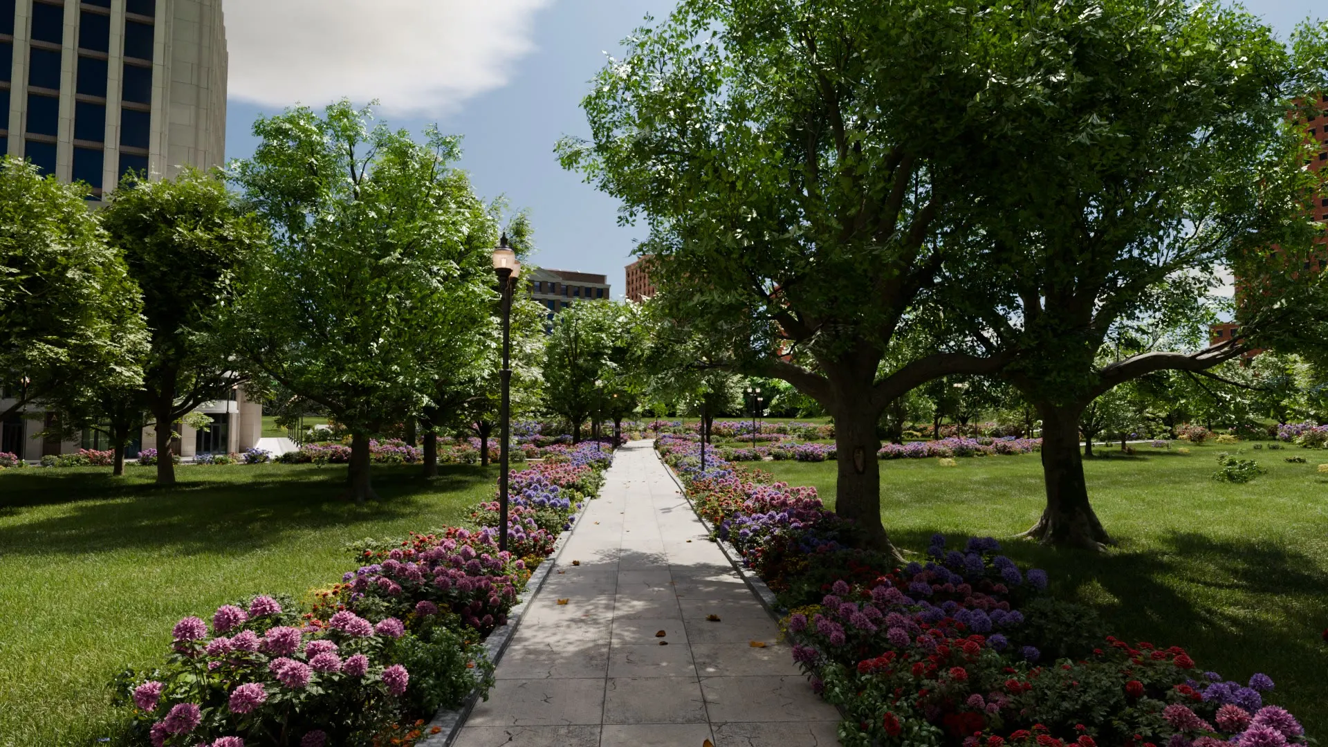 A tree-lined campus path between flower borders.