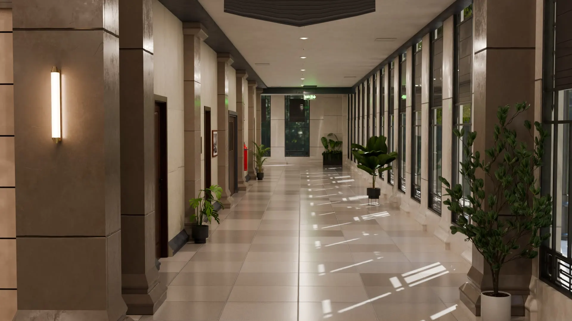 A corridor in stone and glass, planters along one side.