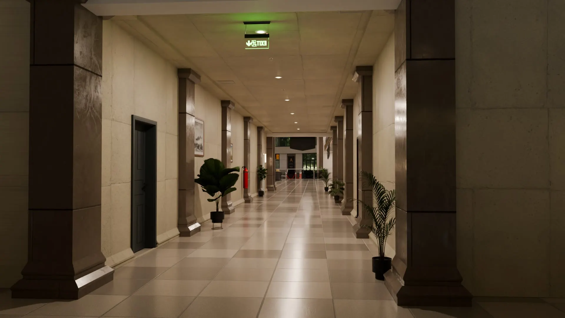 A columned corridor receding into shadow.
