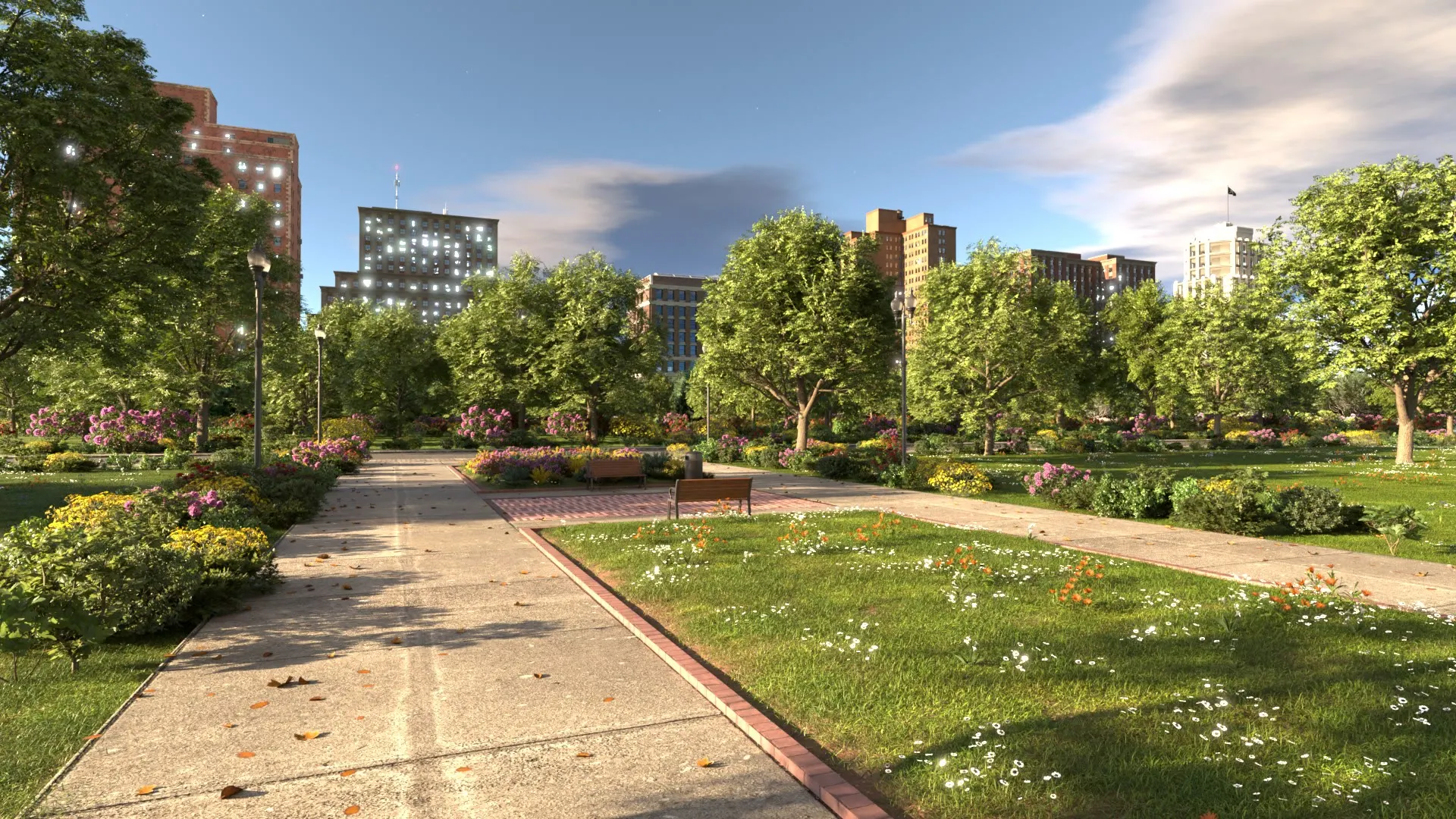 A garden path through wildflowers, city towers beyond.