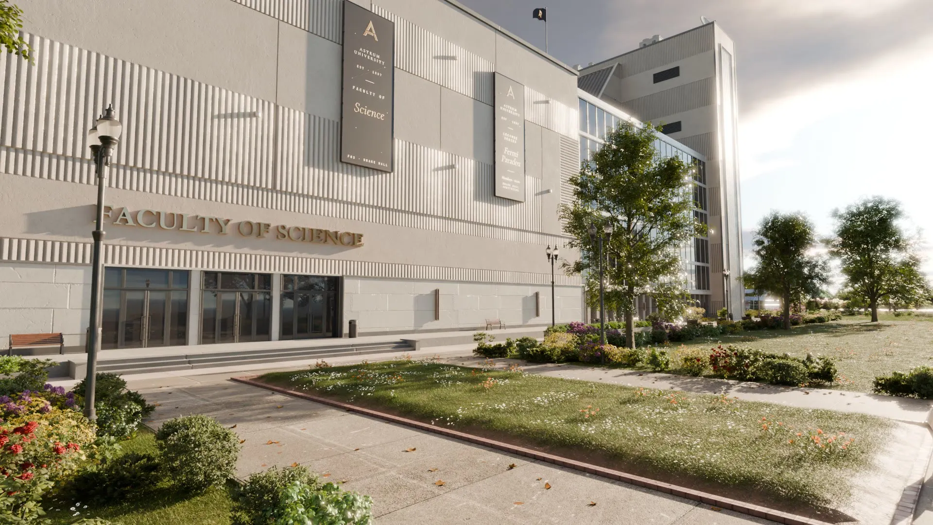 The faculty frontage in fluted stone and glass.