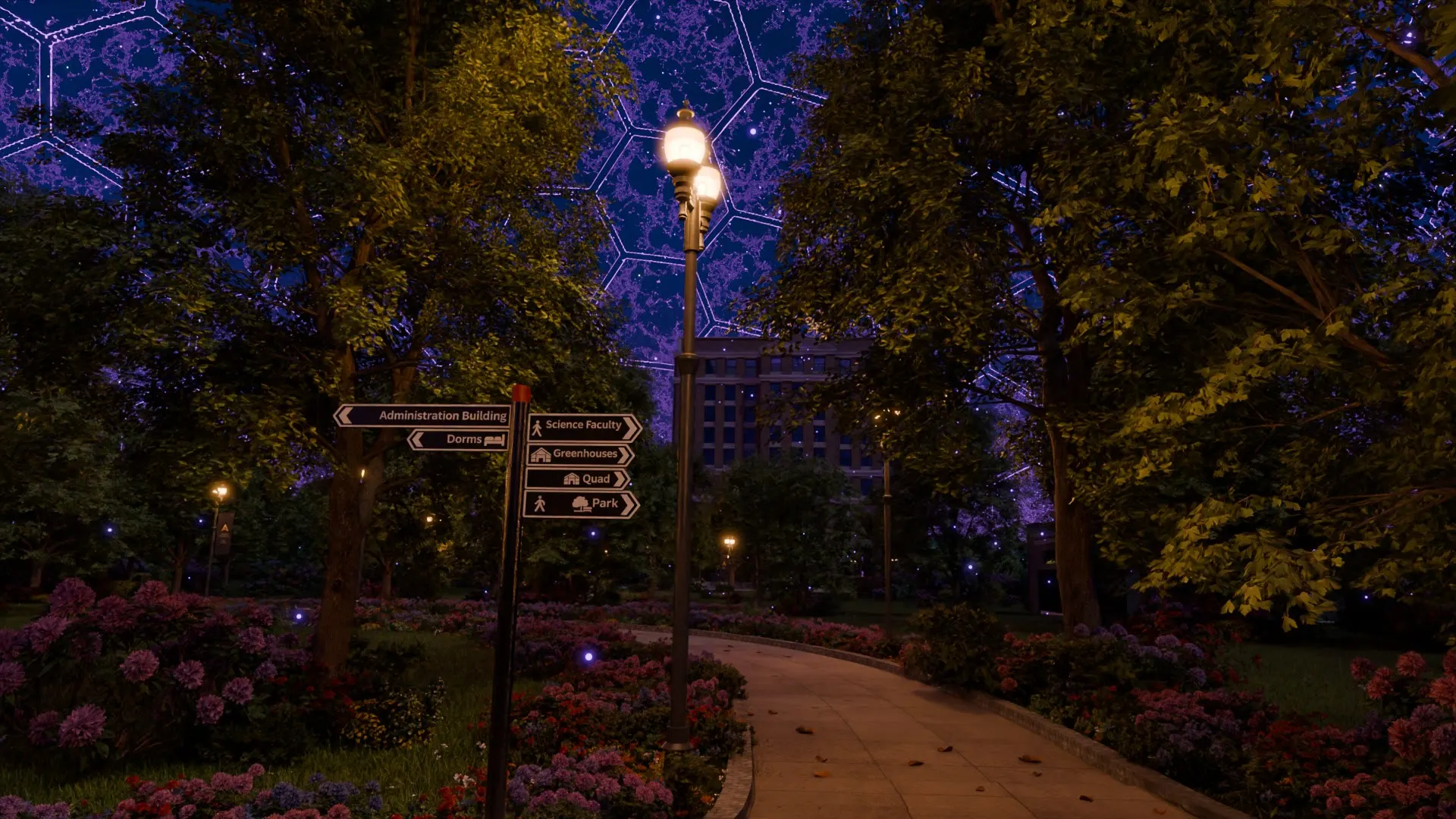 A lamplit path and signpost among flower beds.