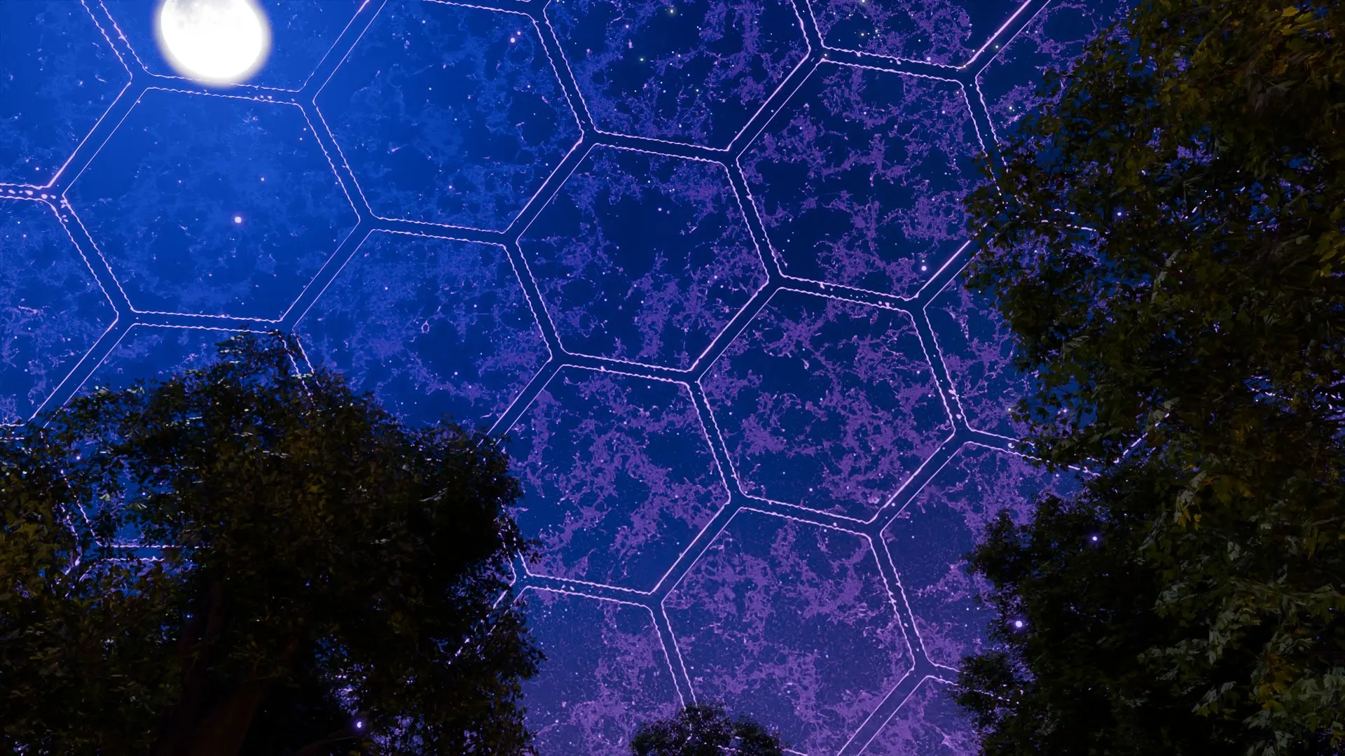 The dome's hex lattice over a dark treeline.