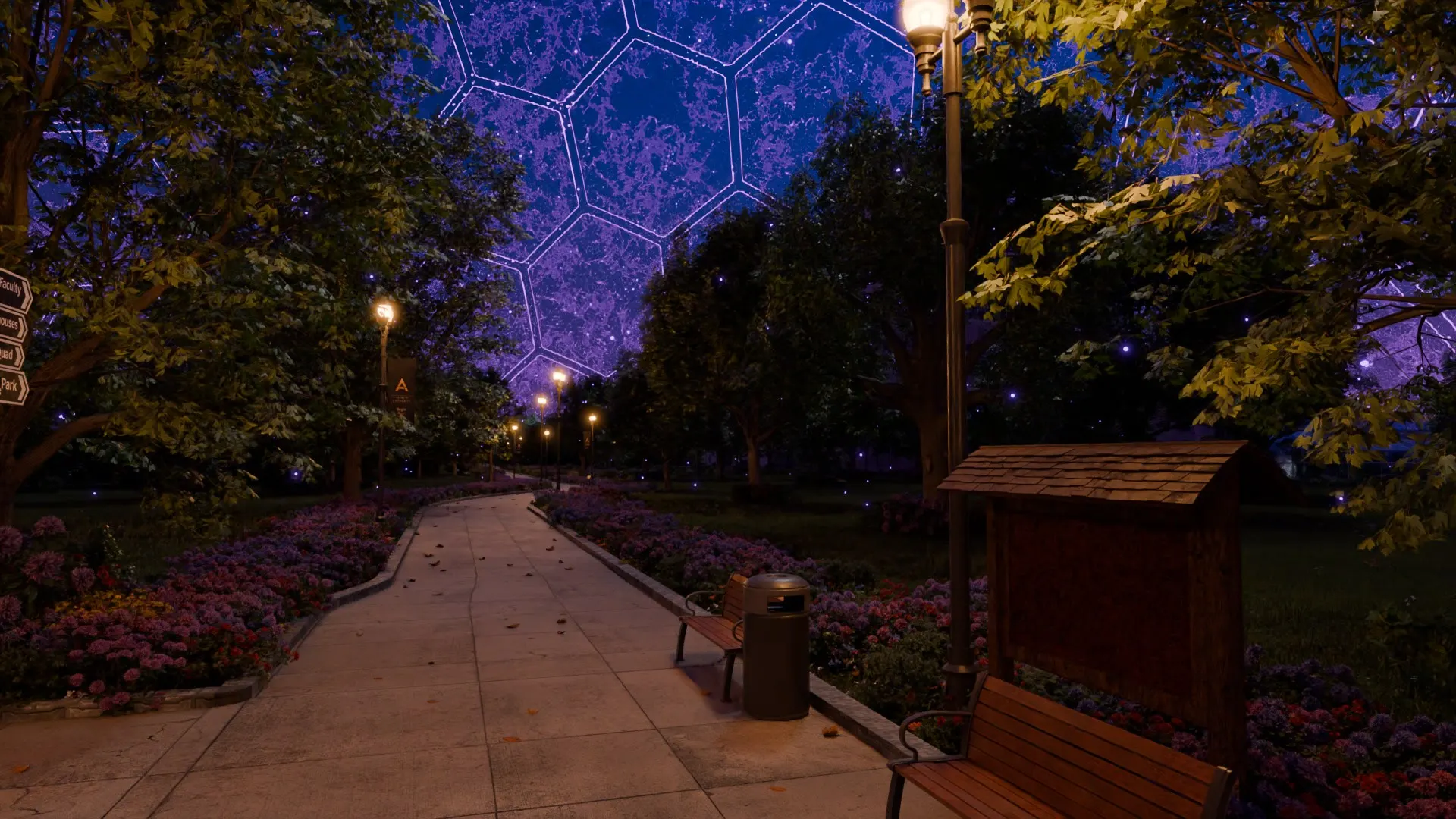 Benches and hydrangeas beneath the lit dome lattice.