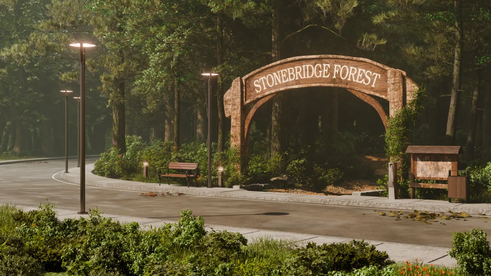 The park arch over the road, lamps either side.