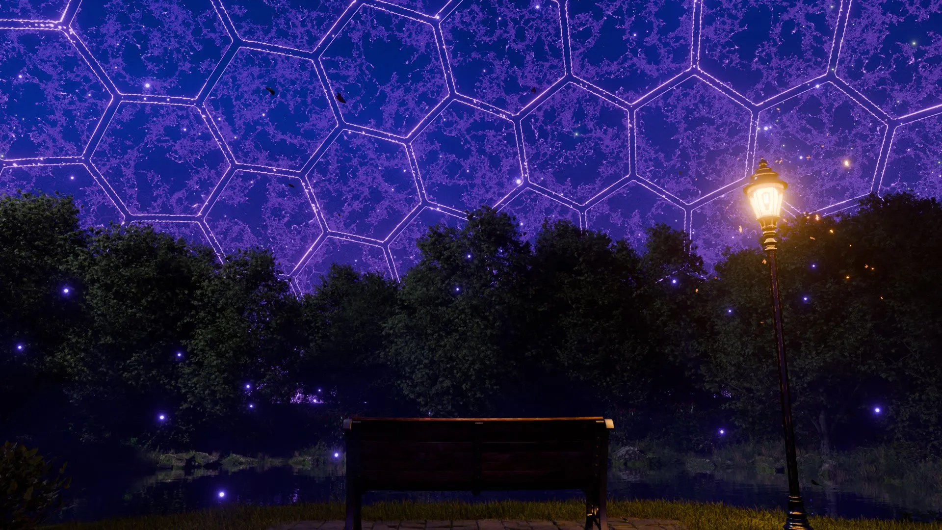 A bench under a lamp beneath the dome starfield.