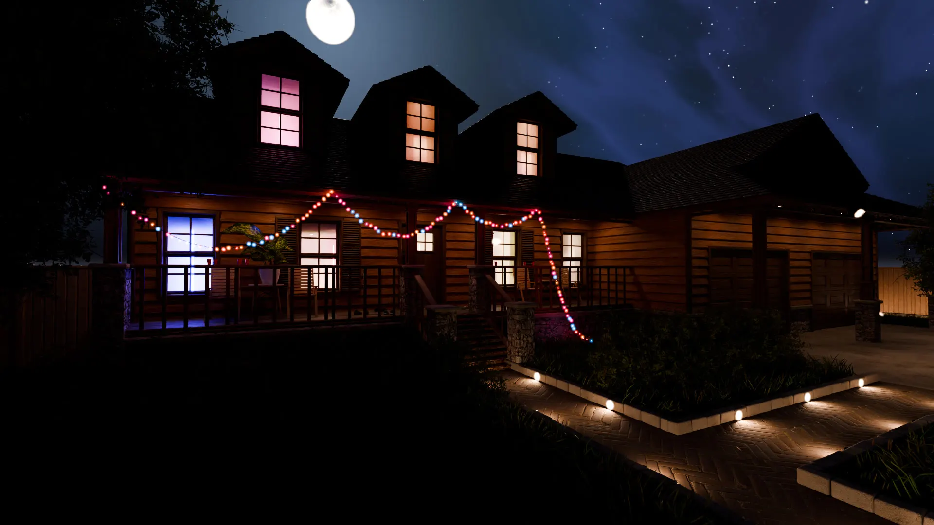 A timber house at night, string lights along the eaves.