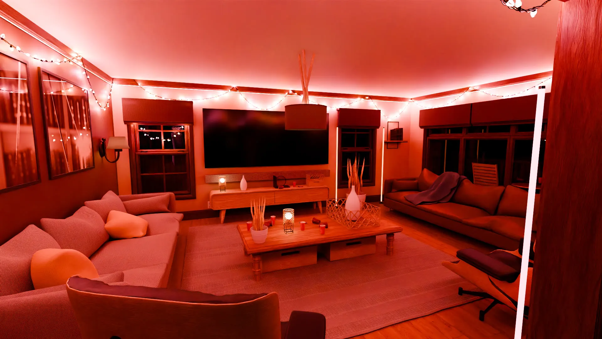 A living room washed in red party light.