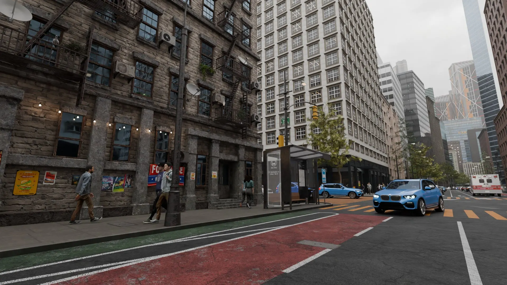 Downtown traffic and passers-by between stone facades.