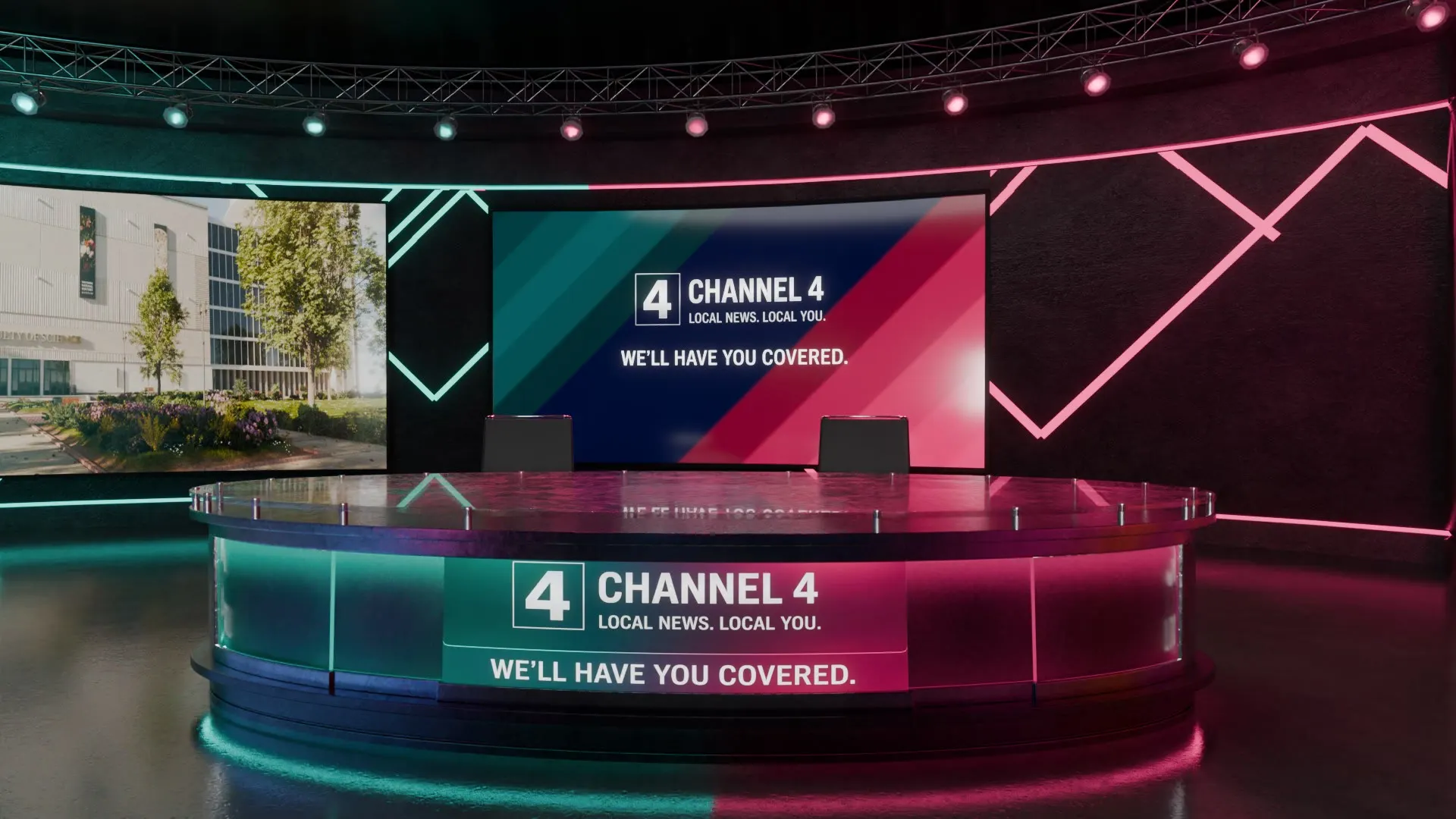 A broadcast set in teal and magenta.