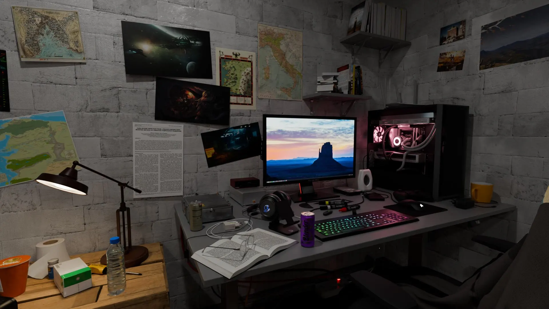 A desk of monitors, cabling and pinned artwork.