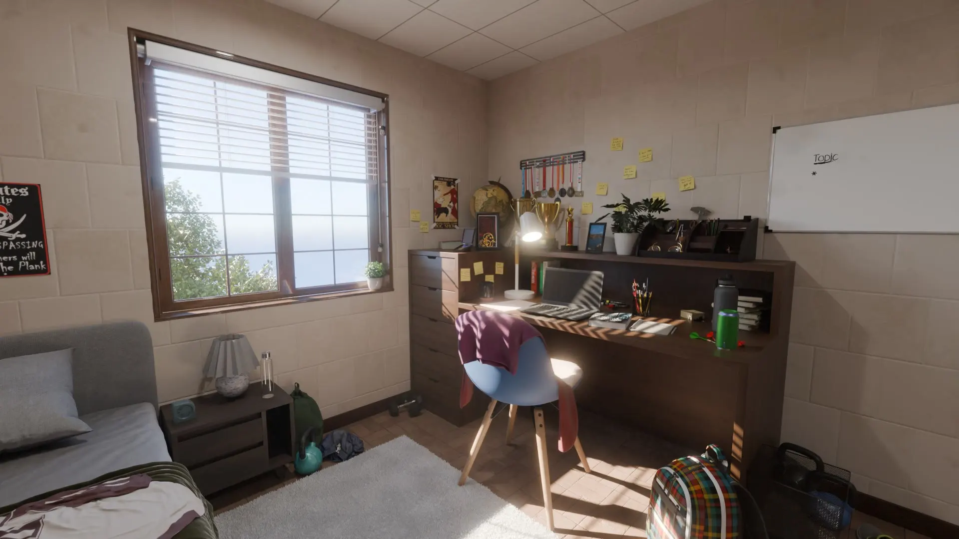 A student bedroom in slatted window light.
